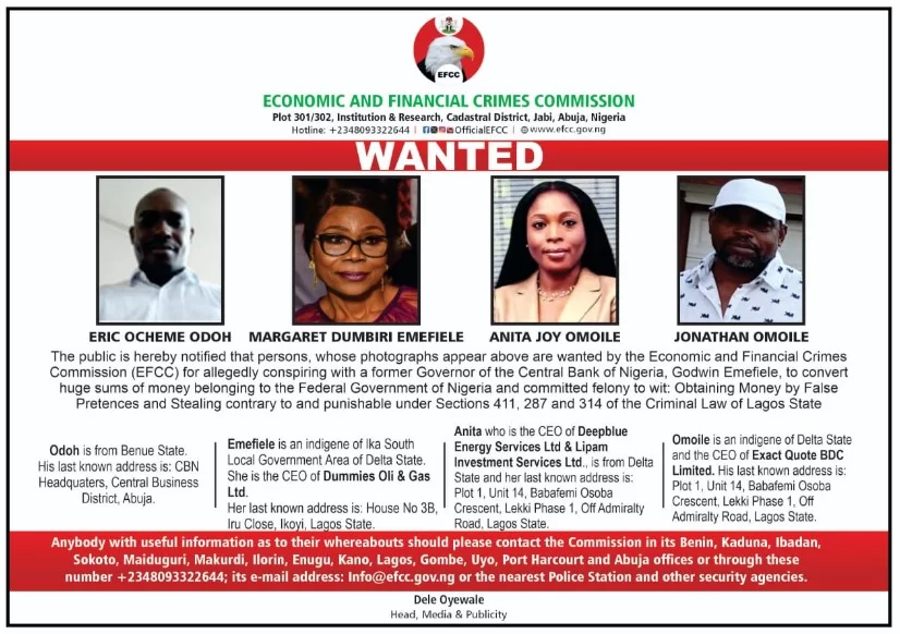 EFCC Declares Emefiele’s wife, 3 Others Wanted, EFCC Declares Emefiele’s wife, 3 Others Wanted